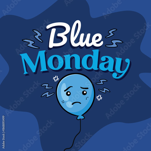 Vector graphic of Blue Monday featuring a depressed blue balloon on dark blue background, ideal for psychology and social media.