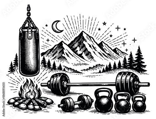 Hand drawn line art fitness and outdoor set featuring workout equipment and nature elements for active lifestyle design