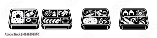 Bento box vector icons set. lunch, meal, japanese food symbols