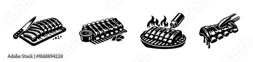 Barbecue ribs vector icons set. bbq, grilled meat, cooking symbols