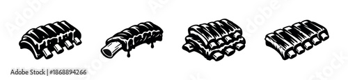 Bbq ribs vector icons set. grilled, meat, barbecue symbols