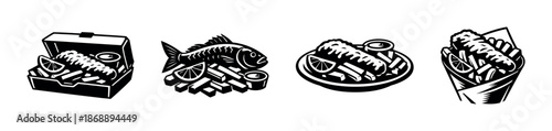 Fish and chips vector icons set. seafood, meal, fast food symbols