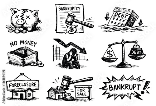 Hand drawn line art financial crisis icons set featuring bankruptcy, debt, and foreclosure symbols for economic downturn