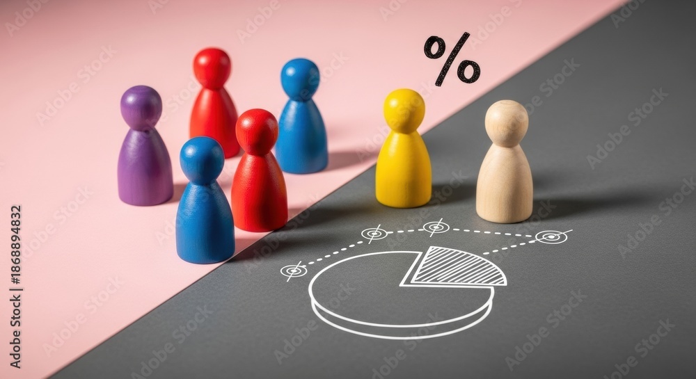 Obraz premium Colorful pawns on a divided background with a pie chart and percent symbol.