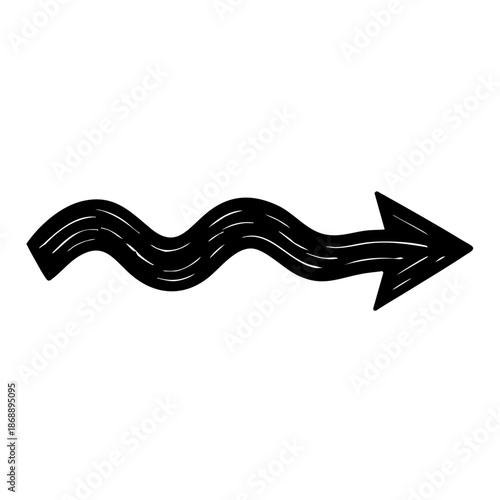 Flowing right arrow linocut etching black and white vintage engraved directional symbol for retro graphic design packaging label and icon usage