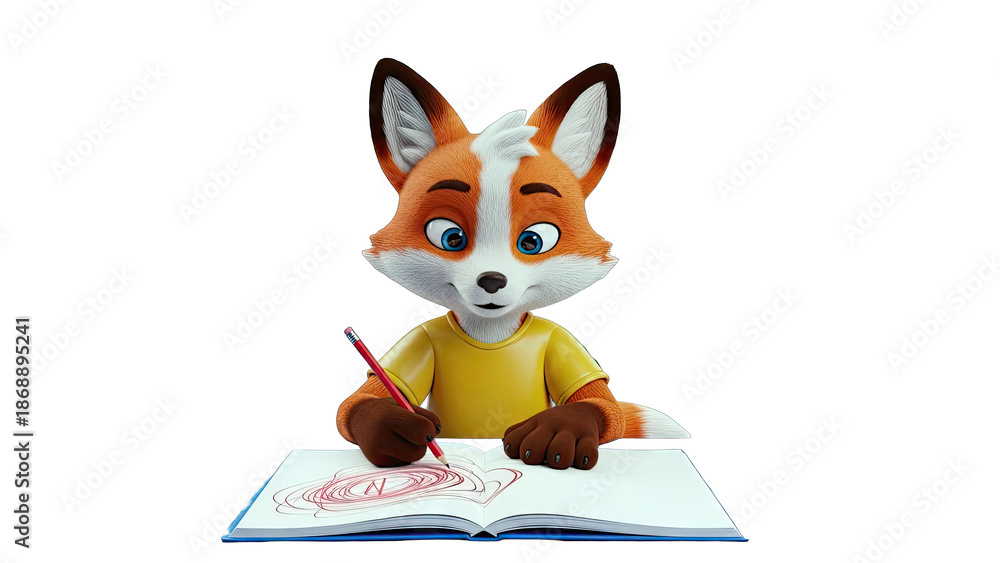 Fototapeta premium Cartoon Fox Drawing in a Sketchbook with a Pencil