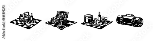 Picnic vector icons set. basket, blankets, outdoor essentials symbols
