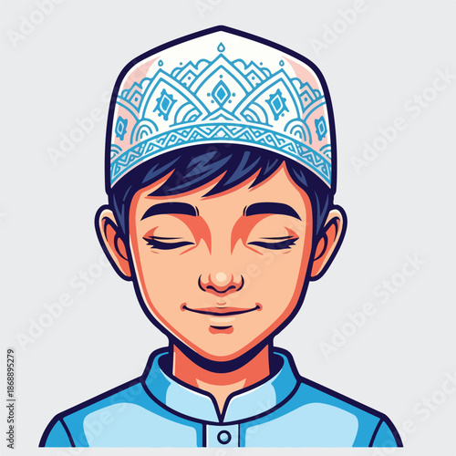 Young Muslim Boy with Eyes Closed and Traditional Cap.