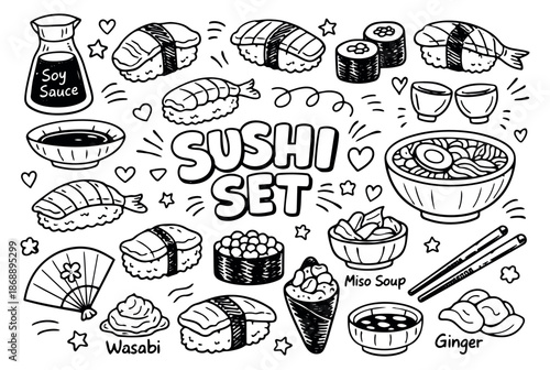 Hand drawn line art sushi set featuring nigiri, maki, soy sauce, and miso soup for menu design