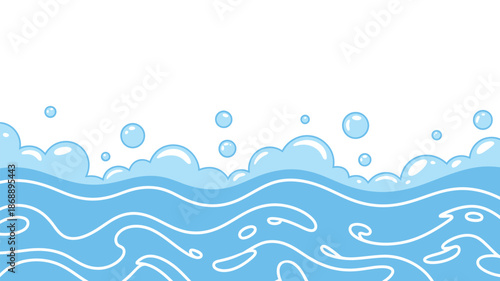 Foam and water bubbles vector background, abstract liquid and suds design for bathroom, hygiene, laundry, or shower projects, with blue splash
