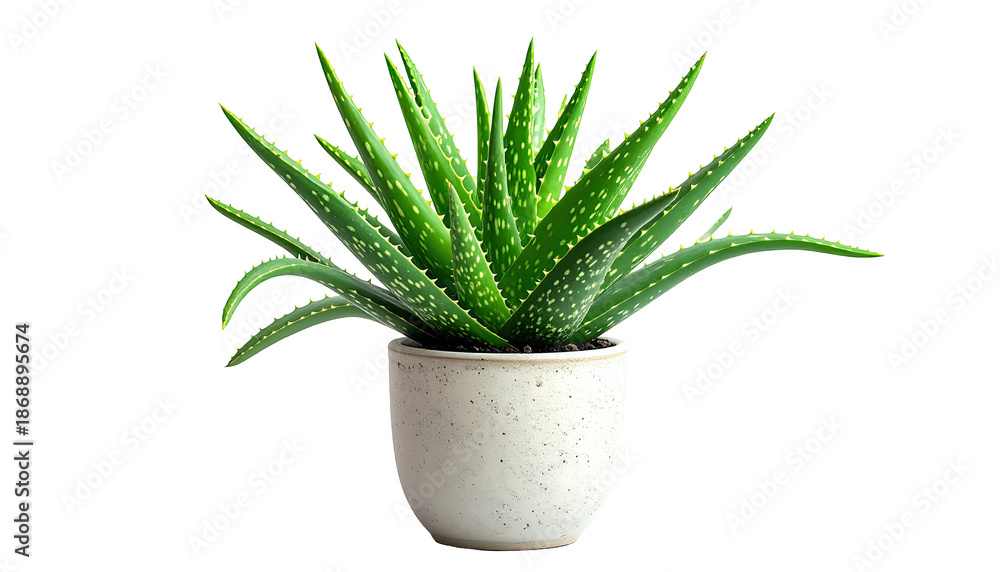 Fototapeta premium A vibrant Aloe Vera plant, featuring sharp green leaves, sits nestled in a speckled white pot