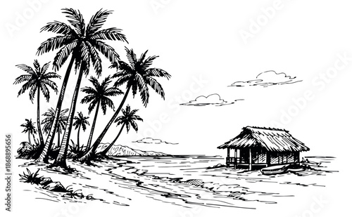 Hand drawn line art illustration of a tropical beach depicting a beach hut and palm trees by the ocean for summer travel concepts