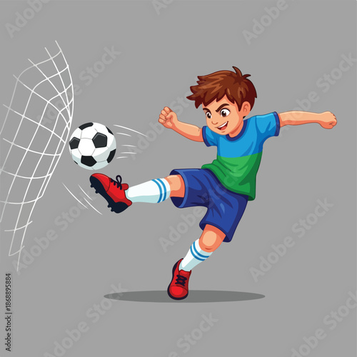 Young soccer player kicking the ball towards the goal with determination.