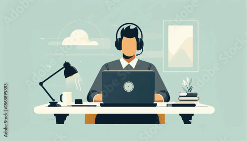 Man Working on Laptop with Headphones.