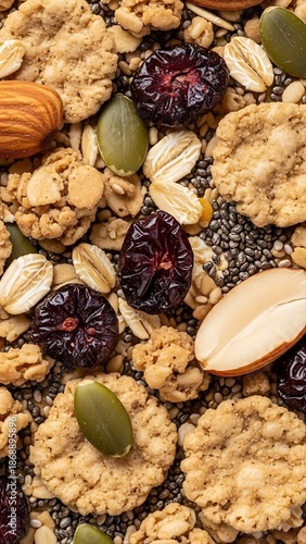 A close-up, top-down view of a vibrant mix of granola ingredients, featuring oats, almonds, dried cranberries, pumpkin seeds, and chia seeds.