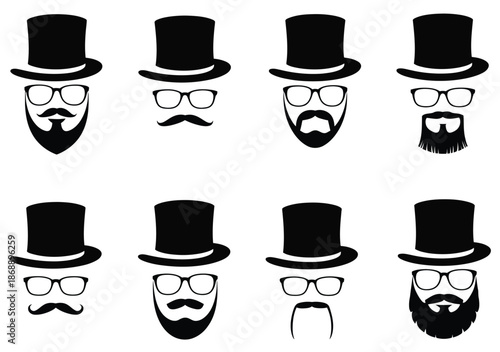 Gentleman icons set featuring top hats, beards, mustaches, and glasses, vector collection ideal for vintage design, barbershop branding, hipster illustrations, and stylish character graphics.