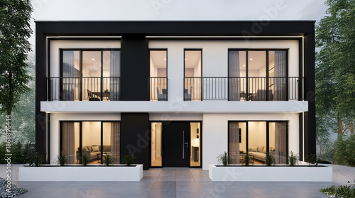 A modern minimalist townhouse exterior with a striking black-and-white color palette, featuring clean geometric lines and symmetrical architecture. The facade includes large rectangular windows