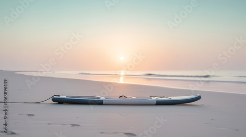 True side profile of a paddle board lying flat on smooth untouched sand, no people, no footprints, isolated subject with wide negative space, minimalist tropical beach, calm shoreline, soft pastel