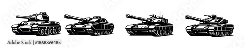 Military tanks vector icons set. armored vehicles, warfare, combat machines