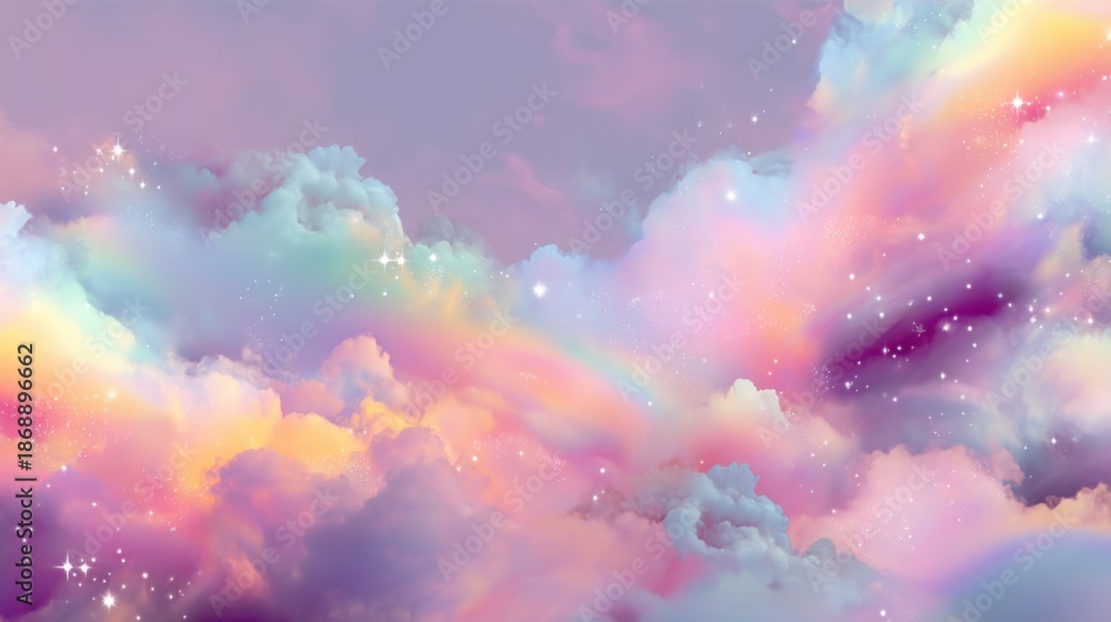 Naklejka premium Dreamy pastel clouds with sparkling stars in a twilight sky.