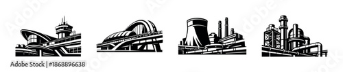 Industrial buildings vector icons set. factories, power plants, industry symbols