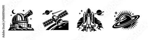 Space vector icons set. astronomy, cosmic exploration, celestial symbols