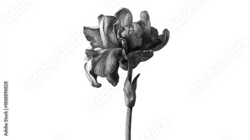 Black and white iris flower in detail against white background.