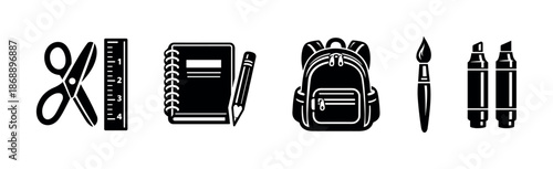 School supplies vector icons set. stationery, education, learning symbols.