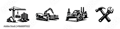 Construction vector icons set. building, machinery, tools symbols
