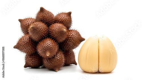 Cluster of Brown Spiky Fruits and a Beige Seed Pod