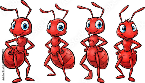 Cartoon red ant character variations set
