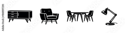 Furniture vector icons set. chairs, tables, lamps symbols