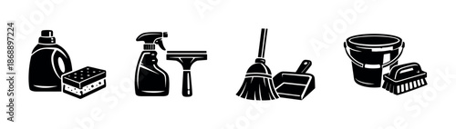 Cleaning tools vector icons set. housekeeping, sanitation, cleaning symbols