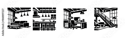 Loft vector icons set. industrial, modern, interior design symbols