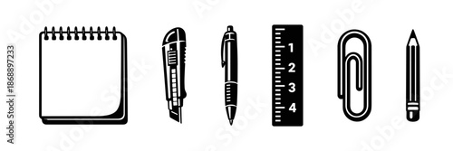 Office supplies vector icons set: stationery, tools, designs collection