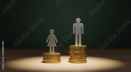 Gender pay gap visualized with female and male figures on different coin stacks.