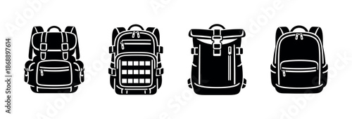 Backpack vector icons set. travel, camping, outdoor gear symbols