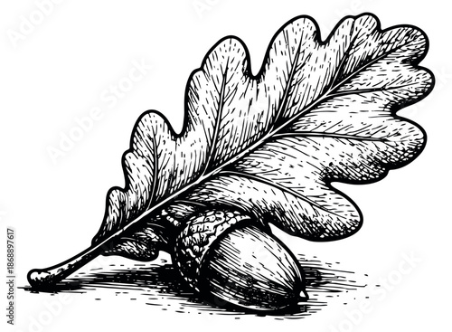 Hand drawn line art illustration of an oak leaf and an acorn depicting nature's elements for botanical design