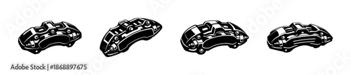 Brake caliper vector icons set: automotive, parts, mechanical symbols