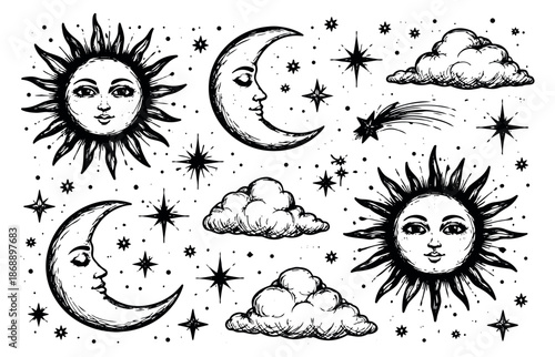 Hand drawn line art celestial elements set featuring suns, crescent moons, stars, and clouds for mystical or astrological design