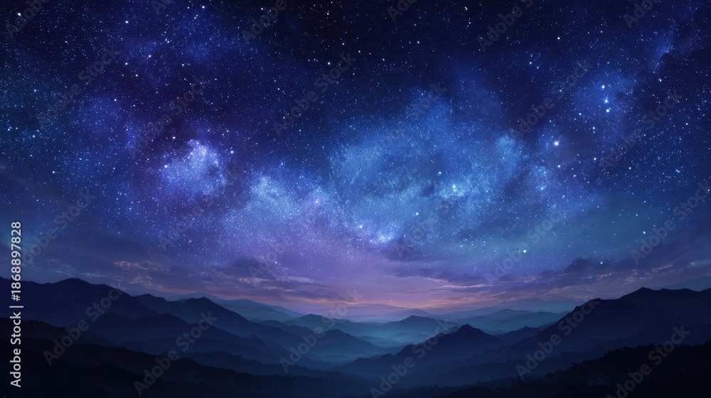 Fototapeta premium Majestic night sky over mountain range with vibrant stars and milky way.