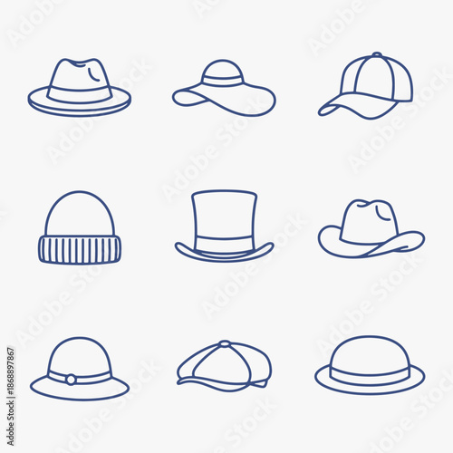 A set of Diverse hat styles, Vector Sign for Logos, Labels, and Icons.