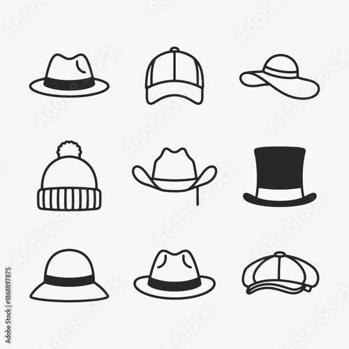 A set of Diverse hat styles, Vector Sign for Logos, Labels, and Icons.