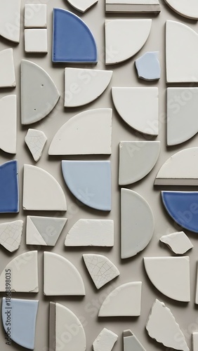 Abstract composition of white and blue ceramic tiles on neutral surface