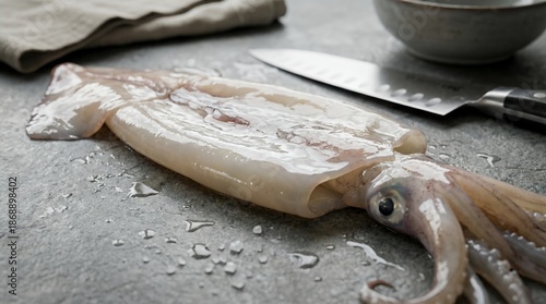 Fresh whole squid raw and shiny on kitchen counter