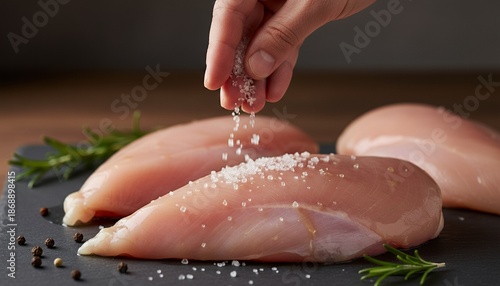 Raw chicken breast fillets seasoned with salt and herbs on black slate