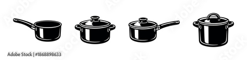 Cooking utensils vector icons set. kitchenware, pots, pans collection