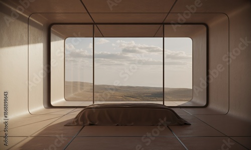 Minimalist retreat room with breathtaking landscape view