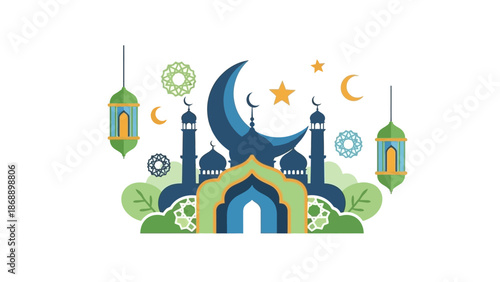 Islamic Mosque Illustration with Crescent Moon and Stars.