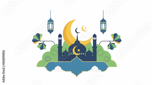 Islamic Mosque Illustration with Crescent Moon.